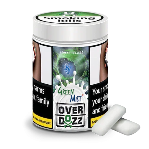 Green Mist Overdozz hookah tobacco tin with health warning and two white pieces on side