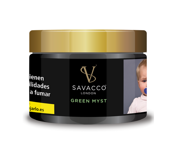 Savacco London Green Myst 50g jar with gold lid and health warning label