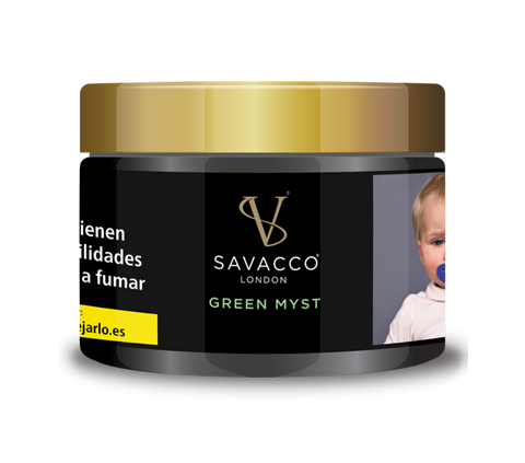 Savacco Green Myst shisha tobacco 50g jar with black and gold lid, health warning label