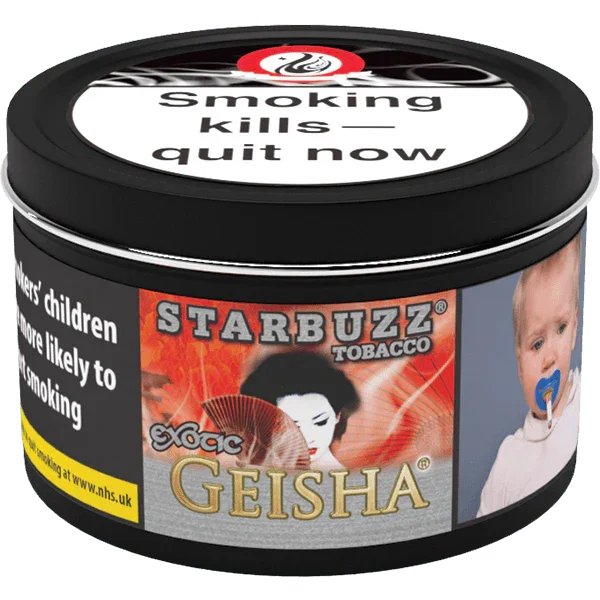 Starbuzz Geisha shisha tobacco tin with health warning labels and a geisha illustration