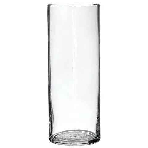Clear cylindrical glass vase on a white background