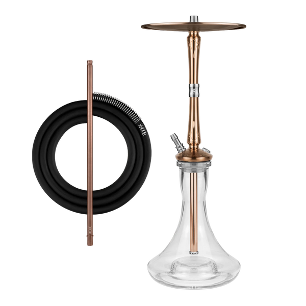 Bronze hookah with clear glass base, black silicone hose, and metal stem on white background