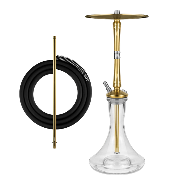 Modern gold hookah with clear glass base and black silicone hose set on white background