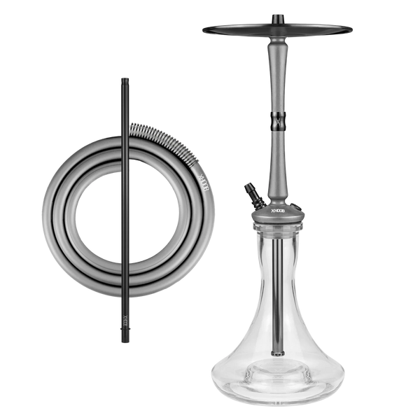 Modern gray and black hookah with clear glass base and silicone hose