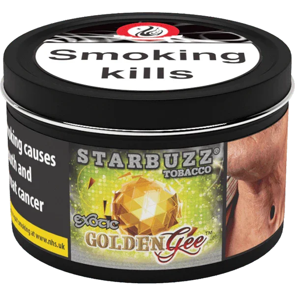 Starbuzz Tobacco Exotic Golden Gee 100g tin with health warning labels, UK packaging.