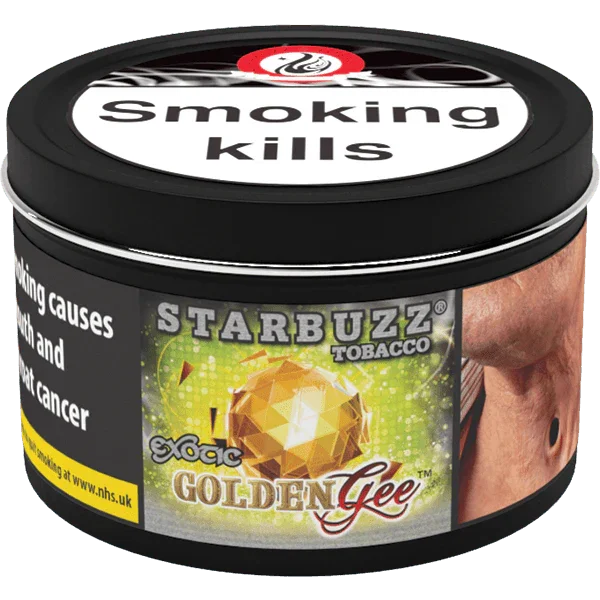 Starbuzz Golden Gee shisha tobacco tin with prominent health warning, gold design on label