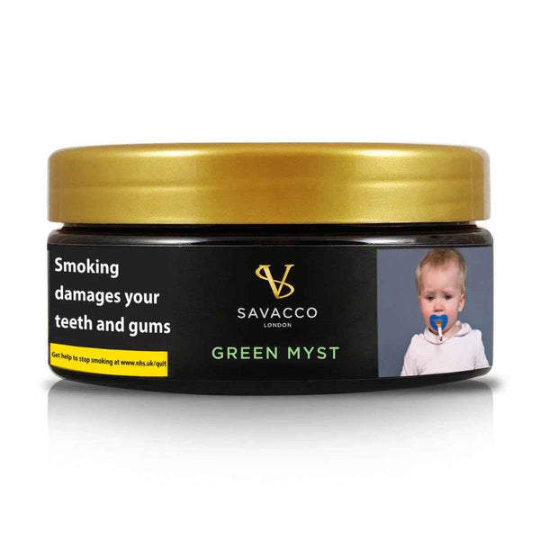 Savacco London Green Myst shisha flavor jar with health warning label and child image on packaging.