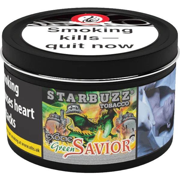 Starbuzz Exotic Green Savior shisha tobacco tin with health warning and dragon design