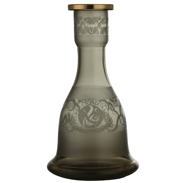 Grey glass shisha vase with gold rim and ornate decorative patterns