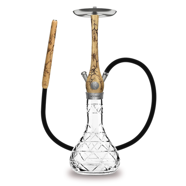 Modern glass and wood hookah with engraved pattern and black hose on white background