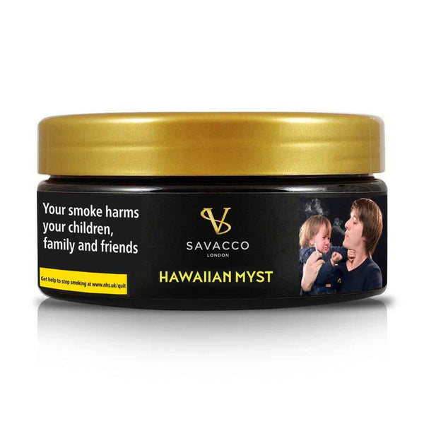 Savacco Hawaiian Myst shisha tobacco tin with health warning and image of adult smoking near child