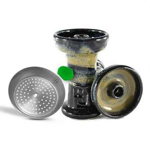 Ceramic hookah bowl with metallic heat management tray, black and beige finish, on white background