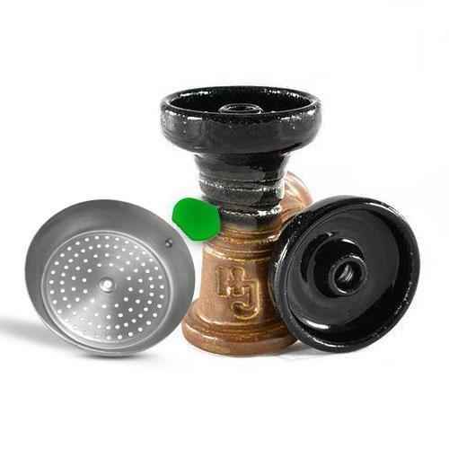 Dark sand hookah bowl with black top, metal heat management tray, and black lid