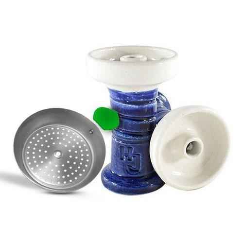 Blue and white hookah bowl with metal tray and removable top, shisha accessory