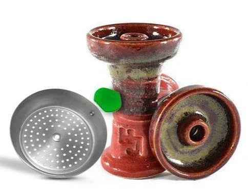 Ceramic hookah bowl with metallic tray and vibrant red-brown glaze, shisha accessory