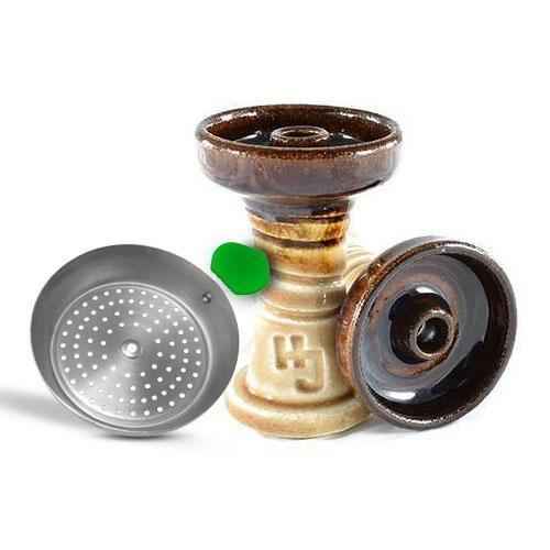 Brown ceramic hookah bowl with metal heat management tray, isolated on white background