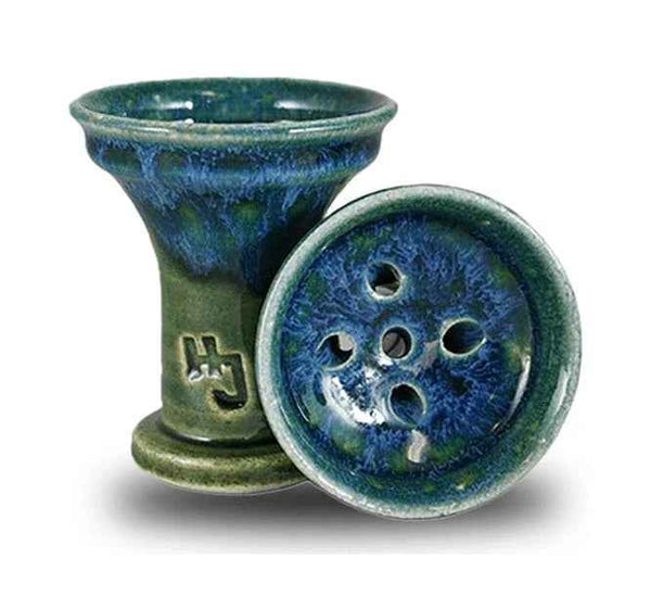 Handcrafted green and blue ceramic hookah bowl with multiple holes, shisha accessory