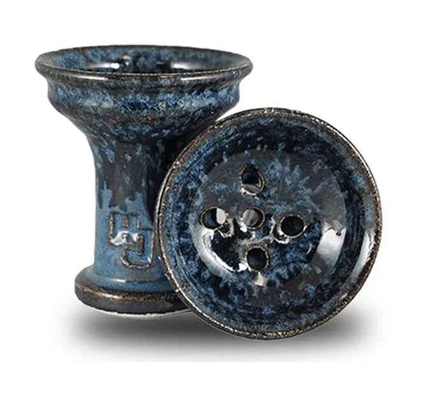 Ceramic blue glazed hookah bowl with multiple holes, perfect for shisha smoking.