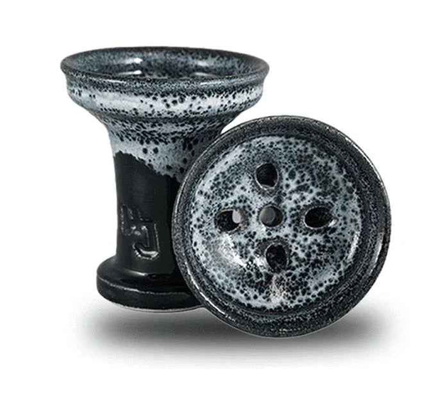 Black and white ceramic hookah bowl with five holes, speckled glaze finish.