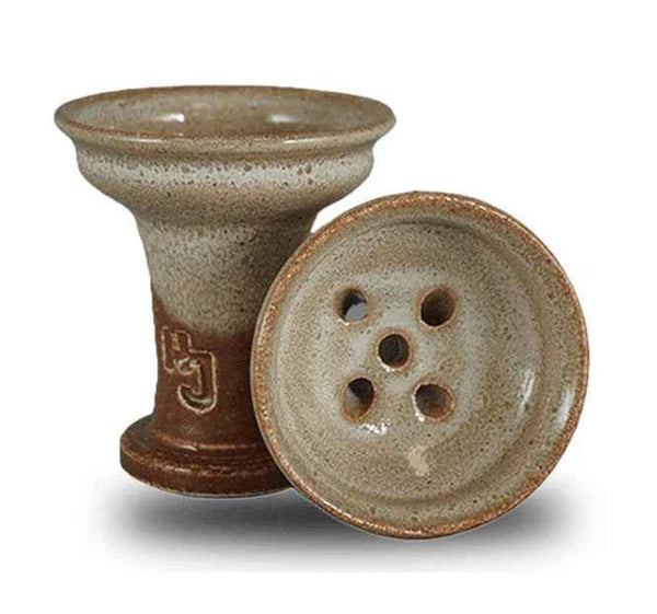 Ceramic hookah bowl with multiple holes, speckled brown and beige finish, isolated on white