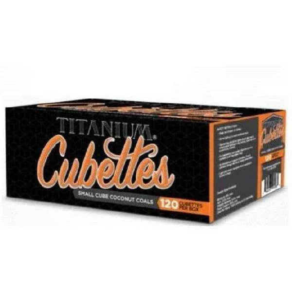 Box of Titanium Cubettes small cube coconut charcoal, 120 pieces, black and orange packaging