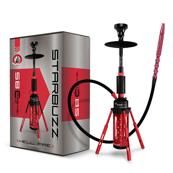 Red and black hookah with 'Starbuzz' packaging on a white background