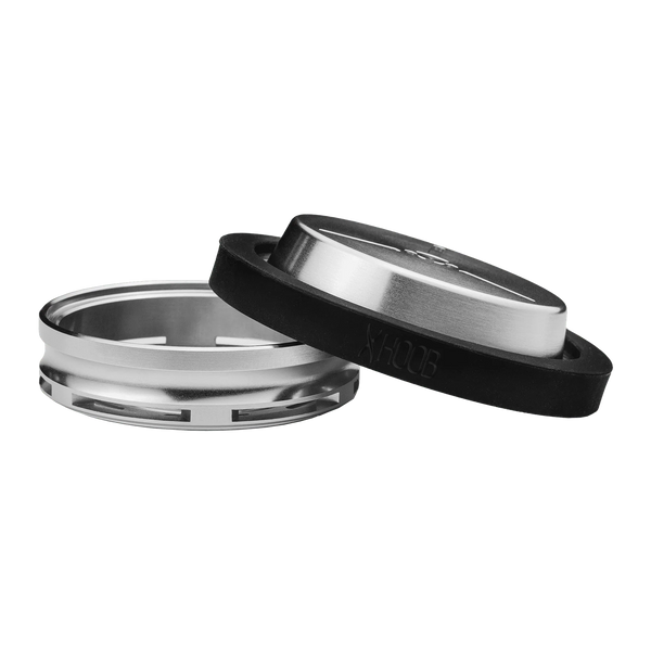 Stainless steel hookah heat management device with open lid on a plain background