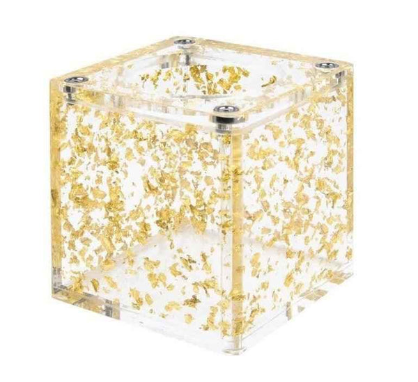 Clear acrylic shisha base with gold leaf flakes, cube shape, replacement hookah part