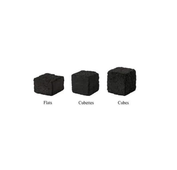 Three types of coconut charcoal for hookah: flats, cubettes, and cubes on white background.