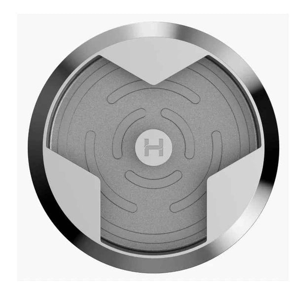 Round silver hookah heat management device with grooved lid and metallic edges, top view