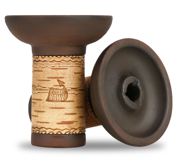 Ceramic phunnel hookah bowl with a birch-style design and Cosmo Bowl logo