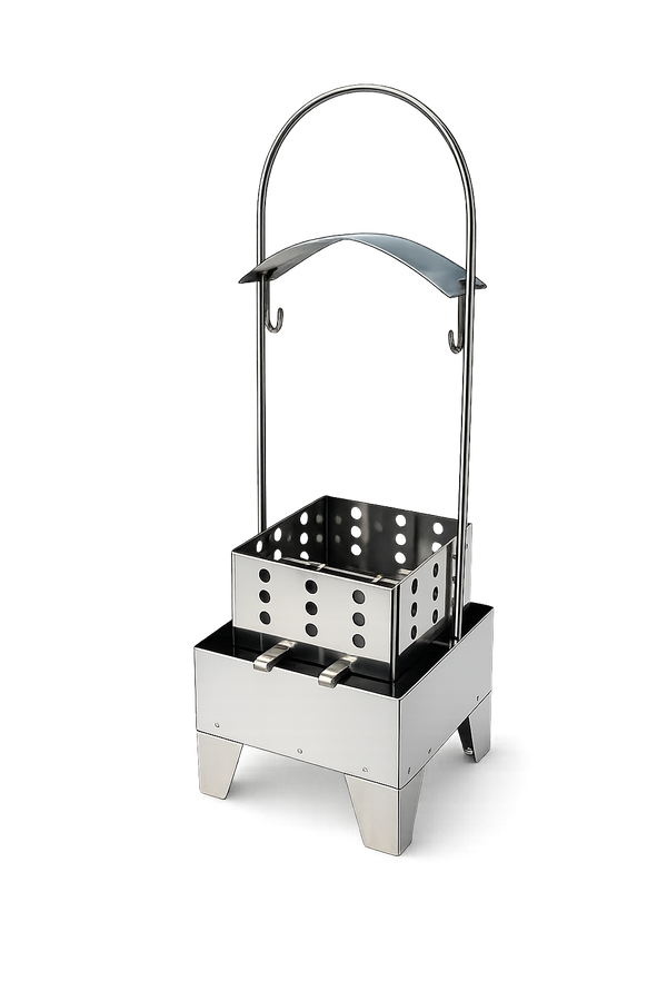 Stainless steel hookah charcoal heater with vented sides and arched handle on grey background.
