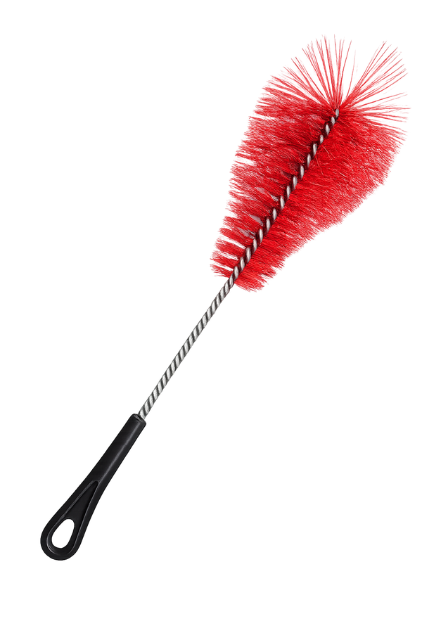 Red shisha pipe cleaning brush with black handle on a dark gradient background