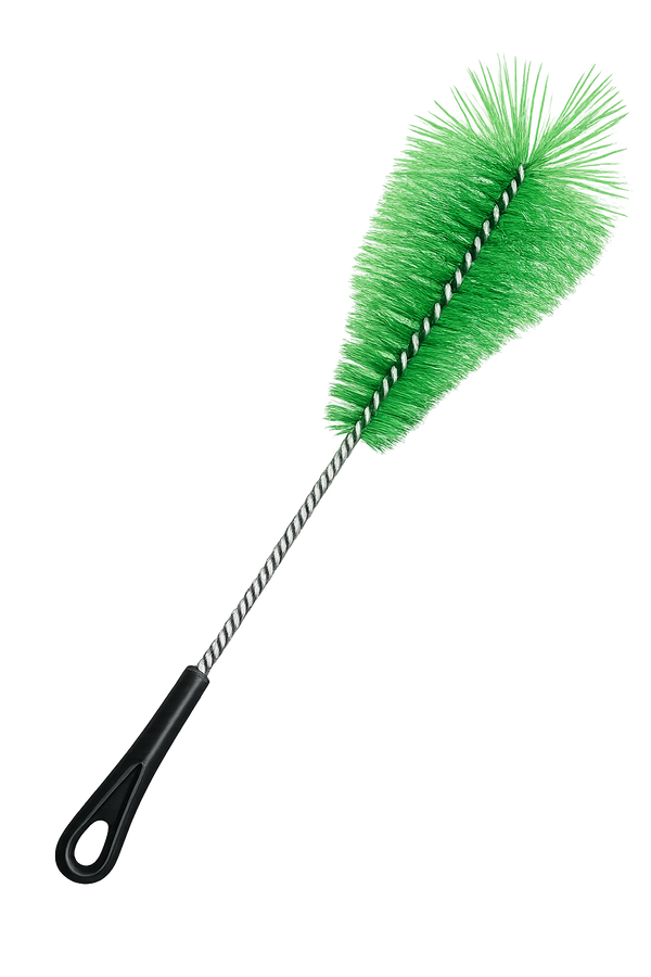 Green hookah cleaning brush with twisted metal handle on dark background
