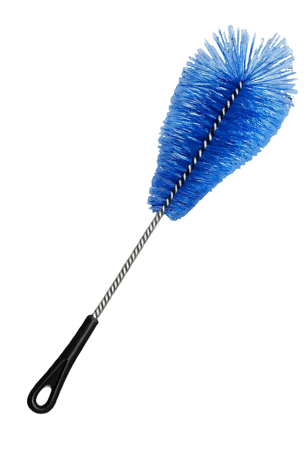 Blue shisha cleaning brush with long handle and plastic grip on white background