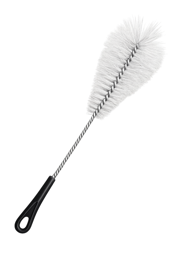 Shisha cleaning brush with black handle and white bristles on a dark background
