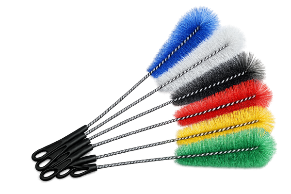 Set of colorful shisha pipe cleaning brushes with twisted metal handles on gray background