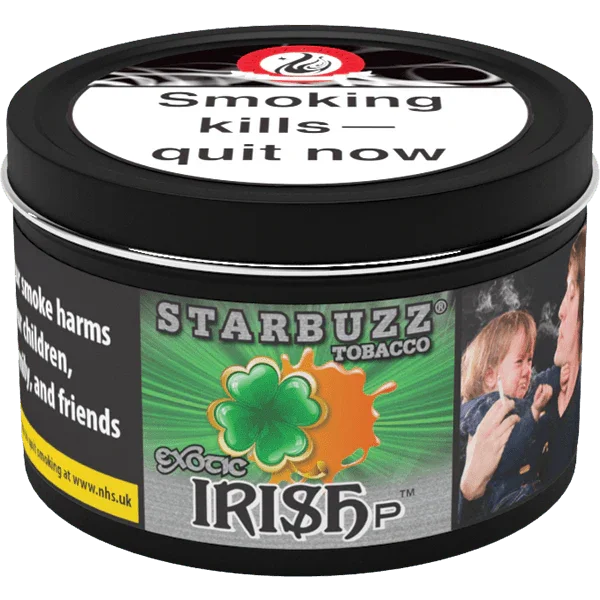 Starbuzz Irish Peach shisha tobacco tin with health warning and clover design label.