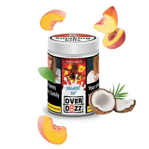 Overdozz Judgment Day hookah tobacco tin with peaches, coconut, and mint leaves
