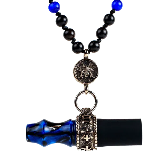 Blue and black hookah personal mouthpiece with beads and metal decorative accents