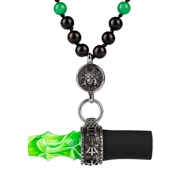 Green and black hookah personal mouthpiece with beads and decorative samurai medallion