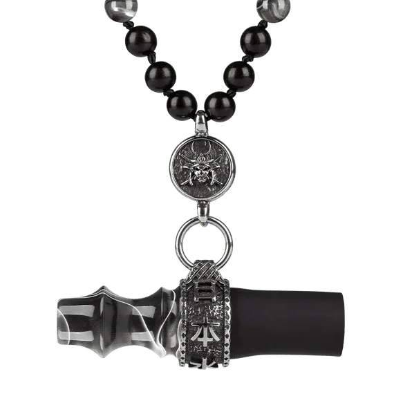 Grey samurai-themed hookah personal mouthpiece with black beads and ornate metal accents
