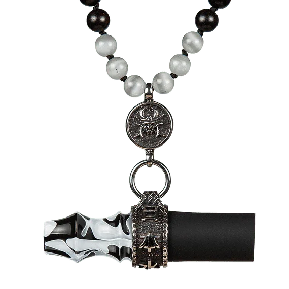 Black and white beaded hookah mouthpiece with metallic samurai-themed accents