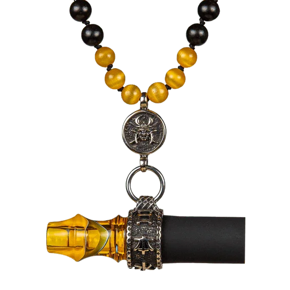 Yellow and black beaded shisha personal mouthpiece with decorative metal accents