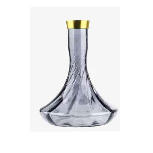 Transparent glass hookah base with gold rim and twisted design