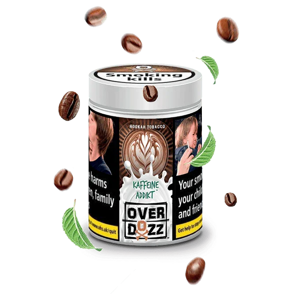 Overdozz Kaffeine Addikt hookah tobacco tin with coffee beans and mint leaves
