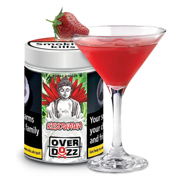 Kesowawa hookah tobacco tub with a strawberry and red cocktail in a martini glass