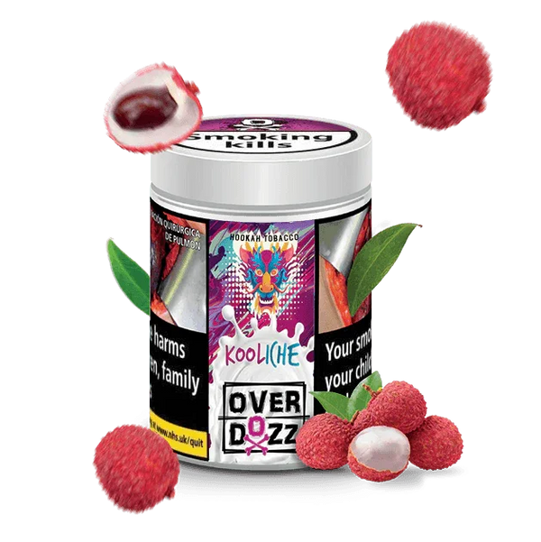 Kooliche hookah tobacco container with lychee fruits and colorful label