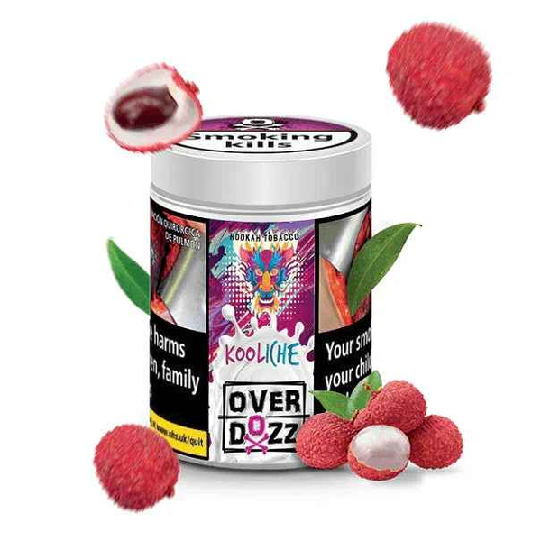 Overdozz Kooliche hookah tobacco container surrounded by lychee fruit on white background