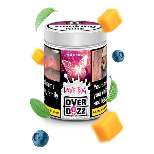 Overdozz Love Bug hookah tobacco jar with butterfly label, surrounded by mango, blueberry, and mint.
